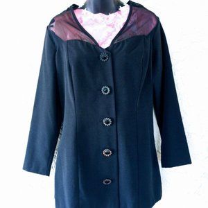 SIZE 14-BLACK, LONG SLEEVE, BUTTON UP FRONT WITH SHEER BACK AND NECKLINE.